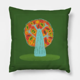 Colorful blue and orange tree on green backdrop in kid's drawing style Pillow