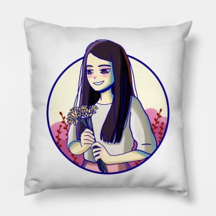 Cute girl holding yellow flowers Pillow