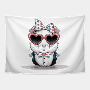 Guinea pig print design wearing heart-shaped sunglasses and bow tie with polka dot headband, cute cartoon style Tapestry