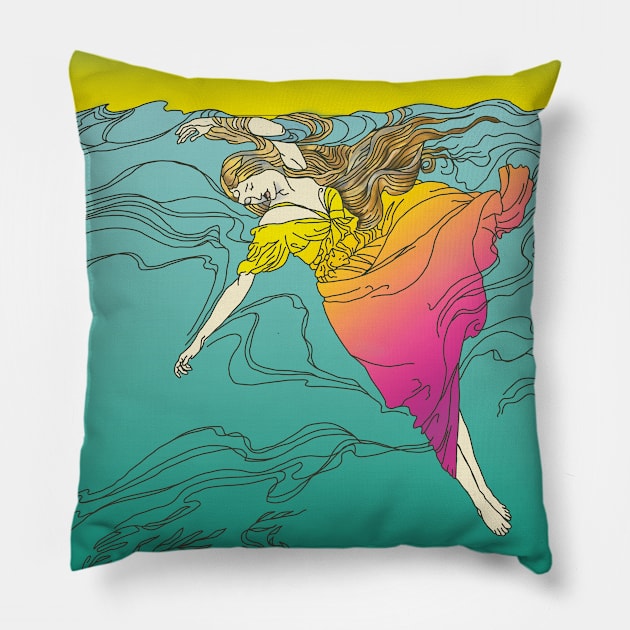 Drowning Girl (pink on green) Pillow by Soth Studio