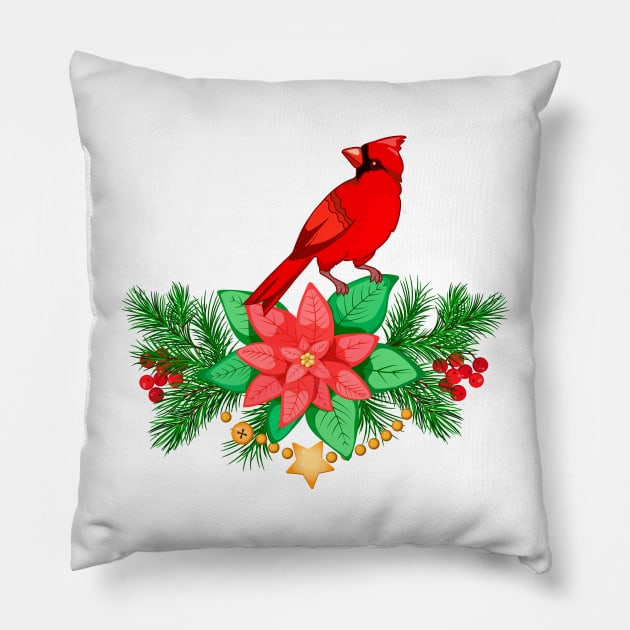 Christmas Composition with cardinal and poinsettia Pillow by  ESHA-Studio