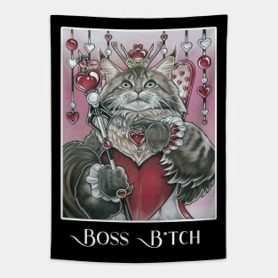 Queen of Hearts Cat - Boss B*tch - White Outlined Version Tapestry