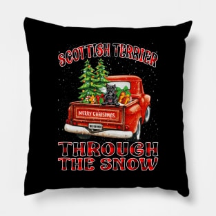 Christmas Scottish Terrier Through The Snow Dog Santa Truck Tree Pillow