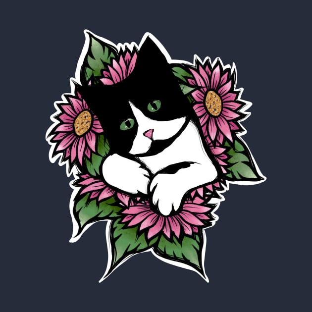 Tuxedo Cat Floral by bubbsnugg