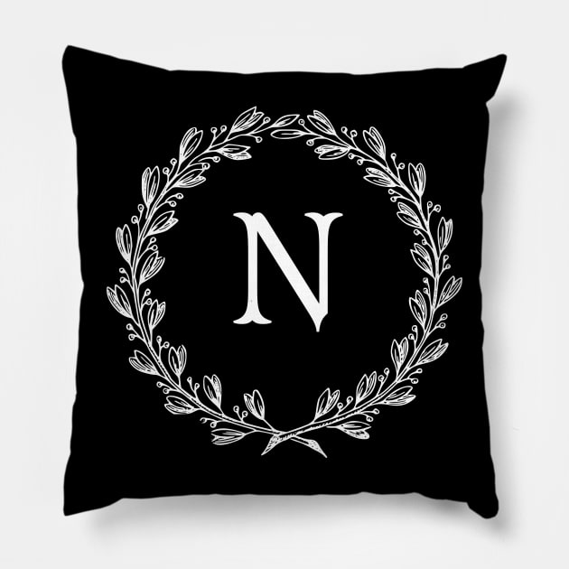 Beautiful Letter N Alphabet Initial Monogram Wreath Pillow by anonopinion