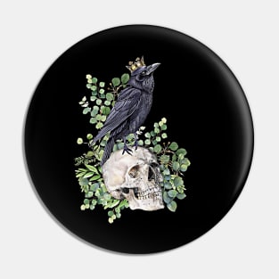 Gothic black raven with skull and crow, skeleton eucaliptus leaves Pin
