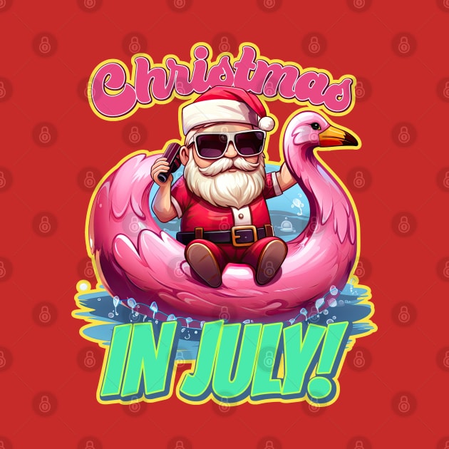 Christmas in July Santa on a Cellphone Pink Flamingo by DanielLiamGill