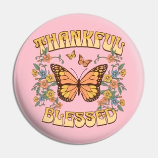 Thankful Blessed Pastel Butterfly Floral Retro Design Pin