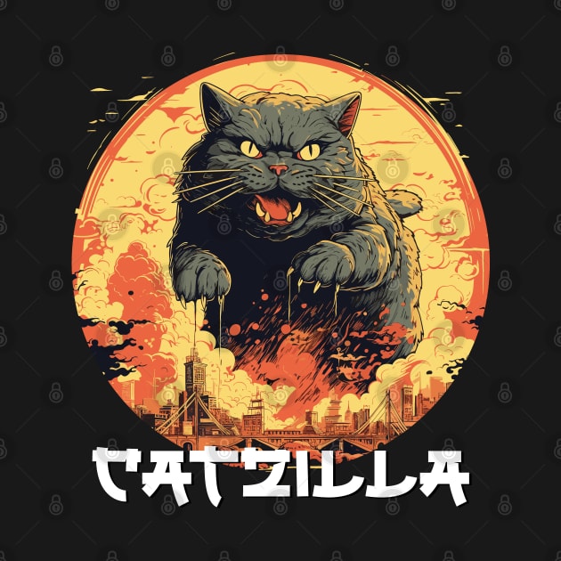 Funny Cat Art Japanese Sunset Catzilla by Happy Lime