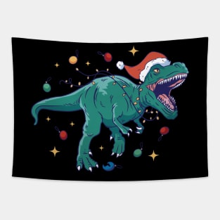 Santa Hat Christmas Lights T-rex Tapestry