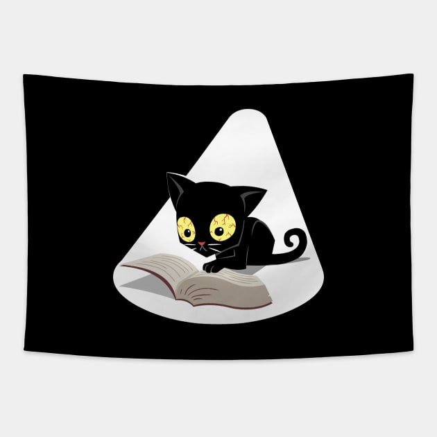 Black Kitten Reading End of Book Tapestry by jonmlam