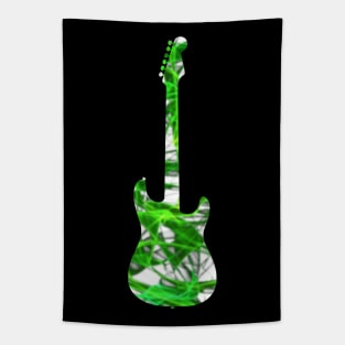 Green Flame Guitar Silhouette on White Tapestry