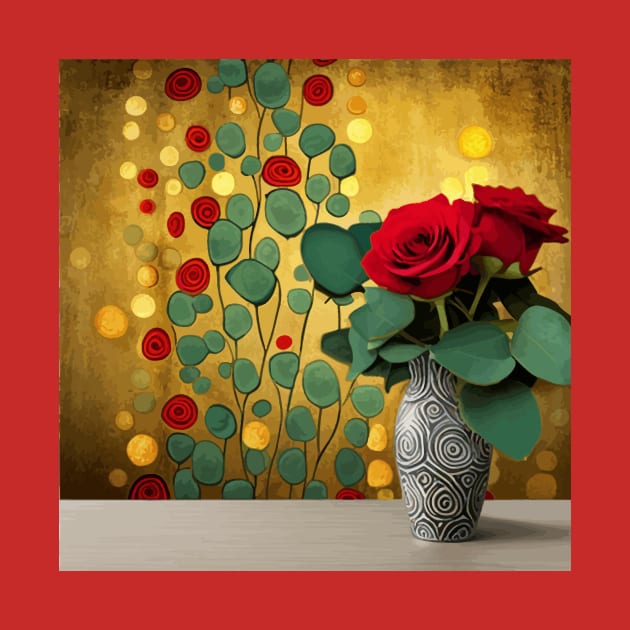 Red Roses and Eucalyptus Leaves in a Patterned Vase by bragova