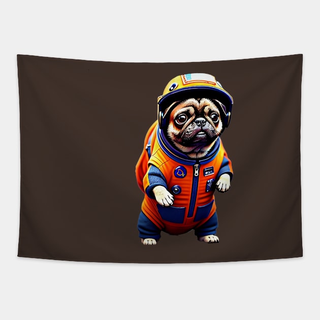 Cute Pug in Orange Space Suit - Adorable Dog Astronaut Design Tapestry by fur-niche