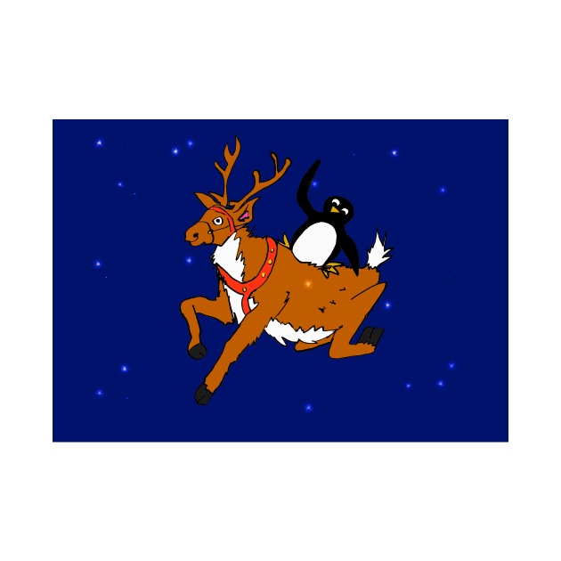 Penguin flying with reindeer by drknice