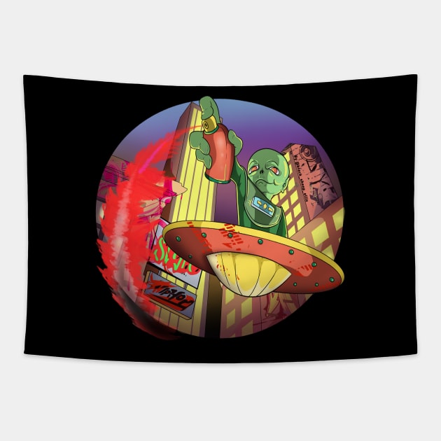 Urban City Alien Graffiti Tapestry by Trendy Black Sheep