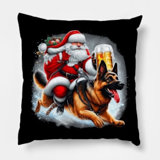 Santa Riding a German Shepherd T-Shirt - A Pawsitively Festive Sleigh Ride Pillow