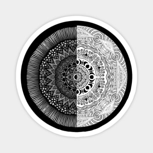 Equinox mandala, black and white, harvest sun, and moon Magnet