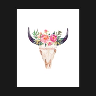 Bull skull with flower crown - hand painted watercolor T-Shirt