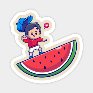 Cute Boy On Watermelon Cartoon Magnet