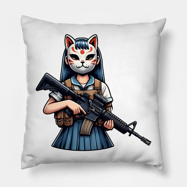 Tactical Kitsune Pillow by Rawlifegraphic