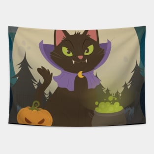 Cat Catoween Dracula Halloween and Pumpkins With Cauldron Tapestry