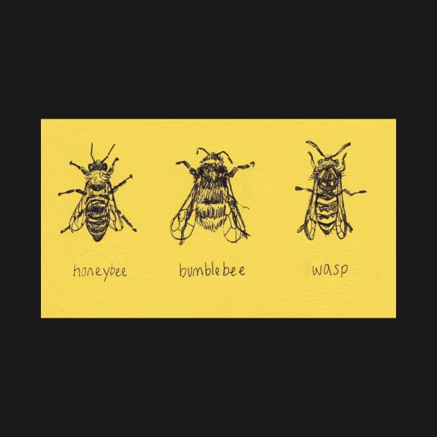 Get To Know Your Stripy Friends! Trio of honeybee, bumblebee, and wasp drawing. by sadnettles