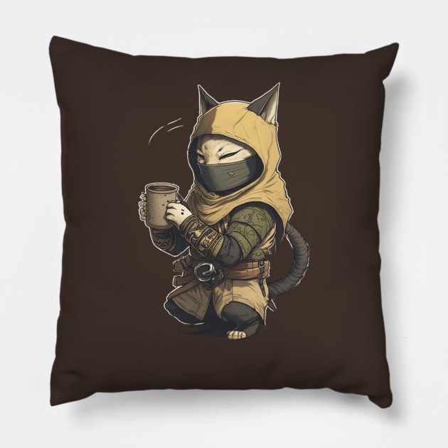 Coffee Ninja Cat Funny and Playful Design for Cat and Coffee Lovers Pillow by Printaha