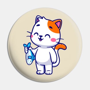 Cute Cat Holding Fish Cartoon Pin