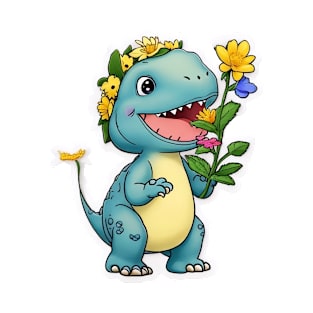 A Cute and  Happy Dinosaur with Flower Sticker T-Shirt