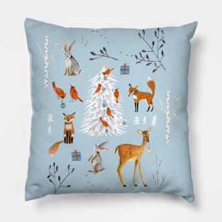 Cute woodland animals winter snow tree Pillow