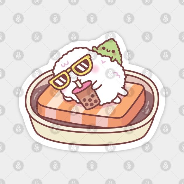 Funny Sushi Rice Chilling On A Salmon Pool Float With Wasabi Magnet by rustydoodle