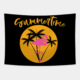 Summertime Flamingo with Palms and Sunset Tee Summer T-shirt for Men Women Kids Tapestry