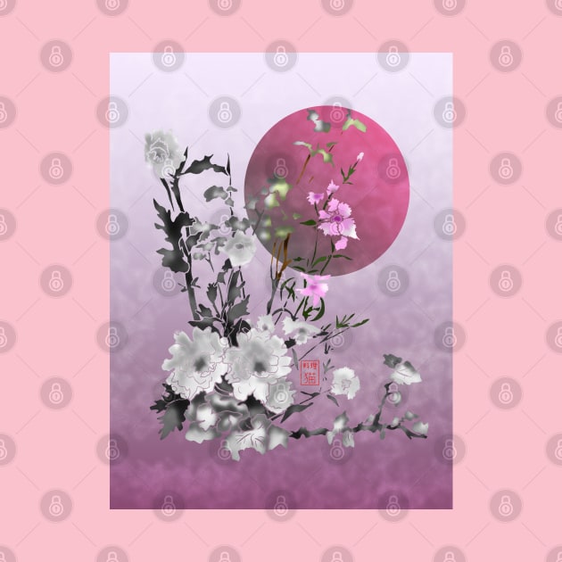 sumiE flowers and a big pink moon by cuisinecat