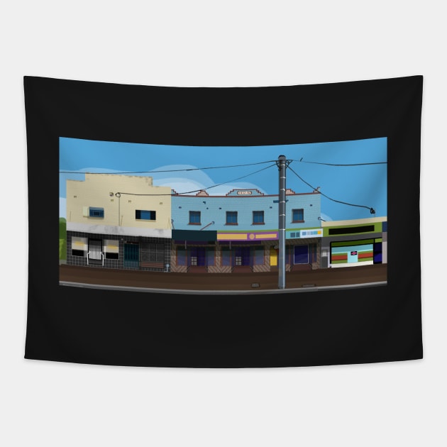 Meroo Street, Bomaderry shopfronts long Tapestry by Donnahuntriss