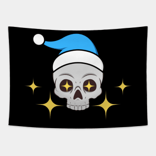 Sia de la Muerte Skull Wearing a Blue Santa Hat Tapestry