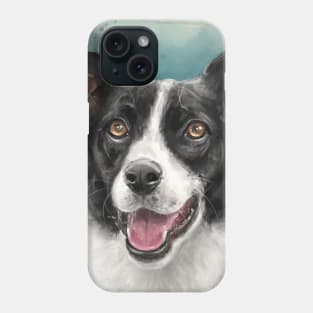 Painting of a Black and White Border Collie Dog on Grey Blue Background Phone Case