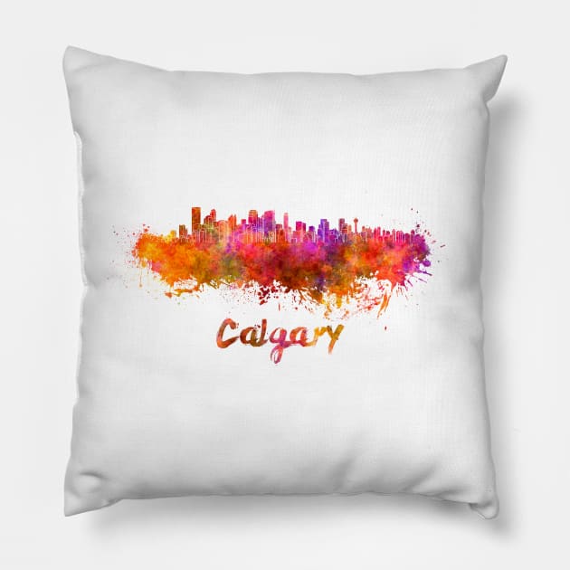 Calgary skyline in watercolor Pillow by PaulrommerArt