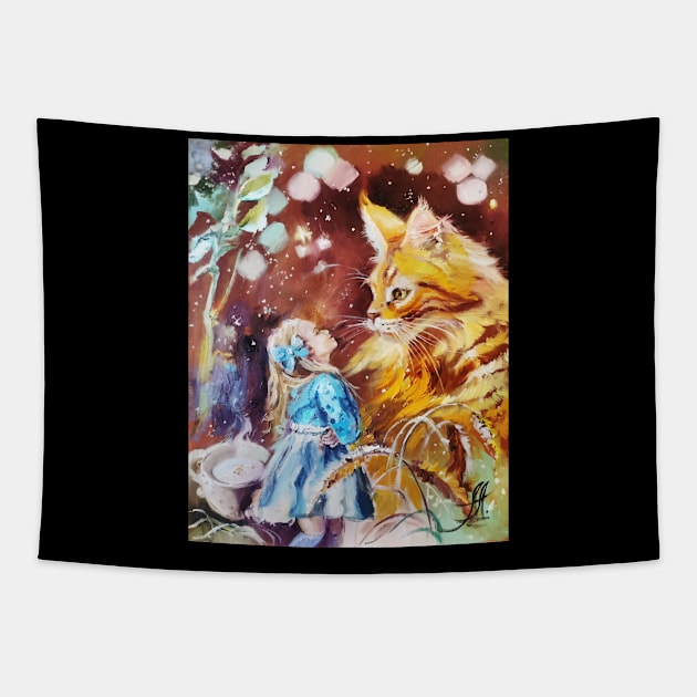 Alice in Wonderland and big Maine Coon Cat Tapestry by Annet Loginova ART