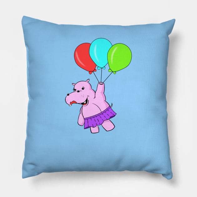 Cute Cartoon Hippo Flying With Balloons Pillow by Braznyc