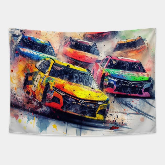 Artistic illustration of Stock car racing Tapestry by WelshDesigns