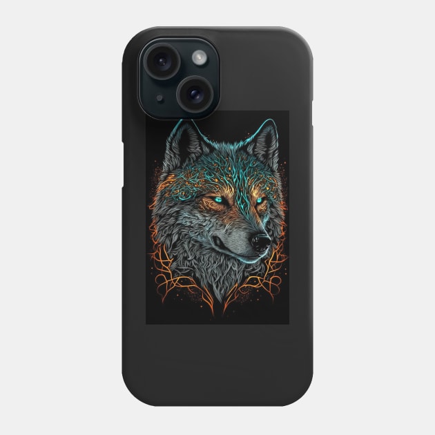 Mean Wolf portrait with teal and orange glow Phone Case by KoolArtDistrict