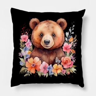 A brown bear decorated with beautiful watercolor flowers Pillow