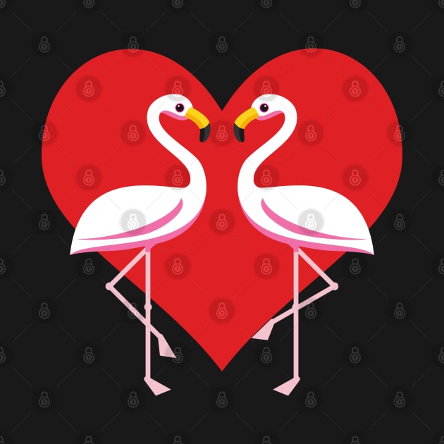 Cute White Pink Flamingos with Red Heart - Black by BirdAtWork