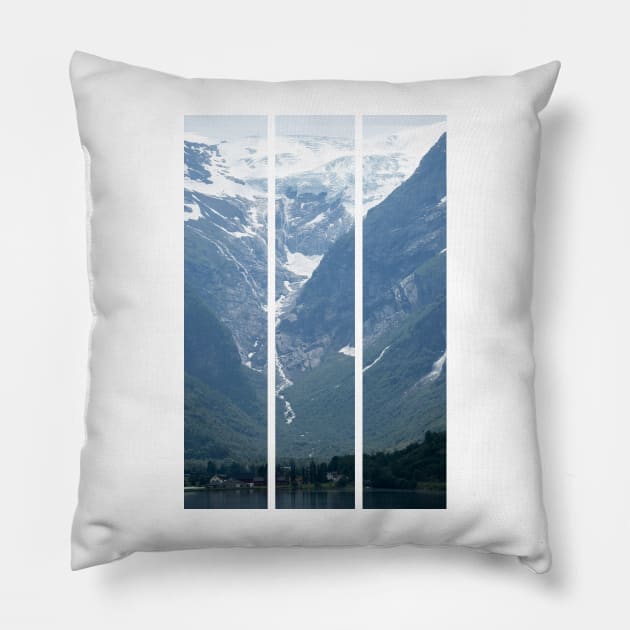 Wonderful landscapes in Norway. Vestland. Beautiful scenery of Briksdalsbreen glacier in Briksdalbre. Oldevatnet lake. Mountains, rocks and snow. Cloudy day(vertical) Pillow by fabbroni-art
