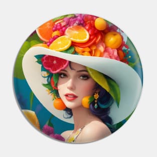 А woman with a white hat and some colorful fruity Pin