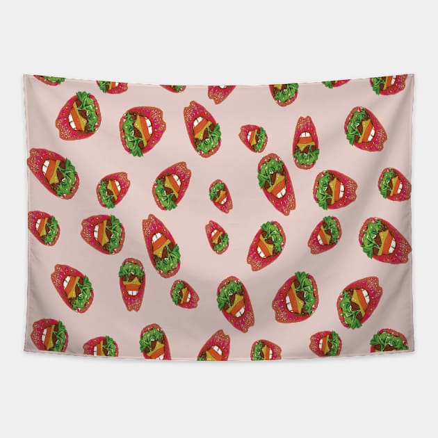 bruger lips pattern biting down burger Tapestry by lazykitty