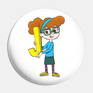 girl with glasses is holding the letter J Pin