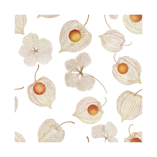 Autumn Physalis, Cape gooseberry dry flowers watercolor pattern.  Golden berry structure. Delicate floral print by likapix