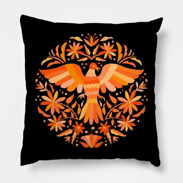 Flying Bird - Mexican Otomí Design in Orange Shades by Akbaly Pillow by Akbaly